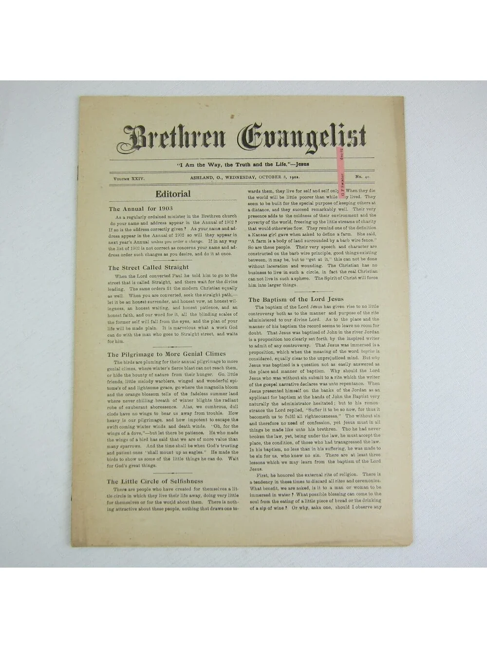 Brethren Evangelist Christian Newspaper Ashland Ohio Antique October 8th 1902